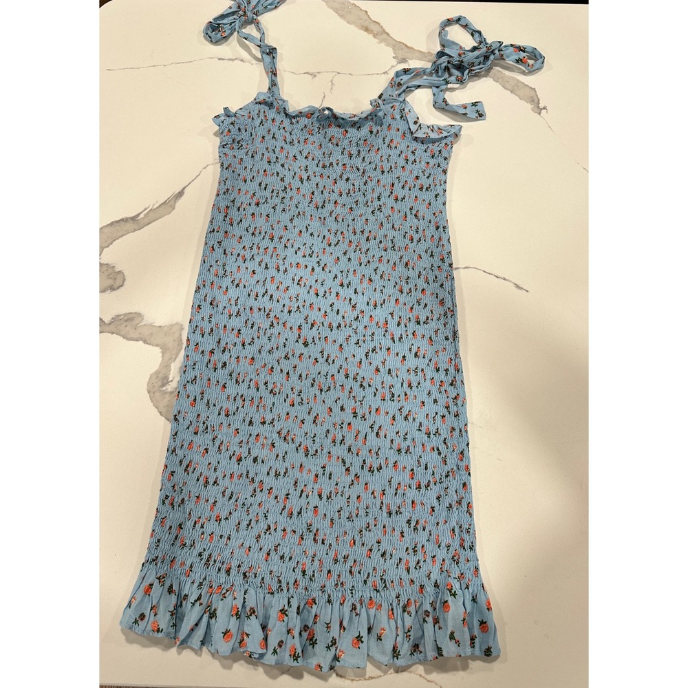 Free People Light Blue Floral Smocked Mini Dress Tie Straps Ruffle Hem M
